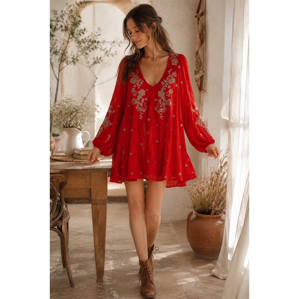 Free People Sweet Tennessee Red Embroidered Mini Dress Boho V-Neck Long Sleeve S